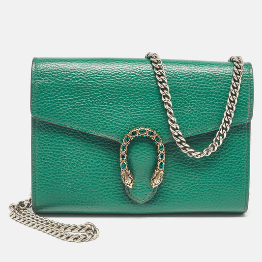 Luxury Gucci Trending 2025 Green Leather Dionysus Wallet On Chain..