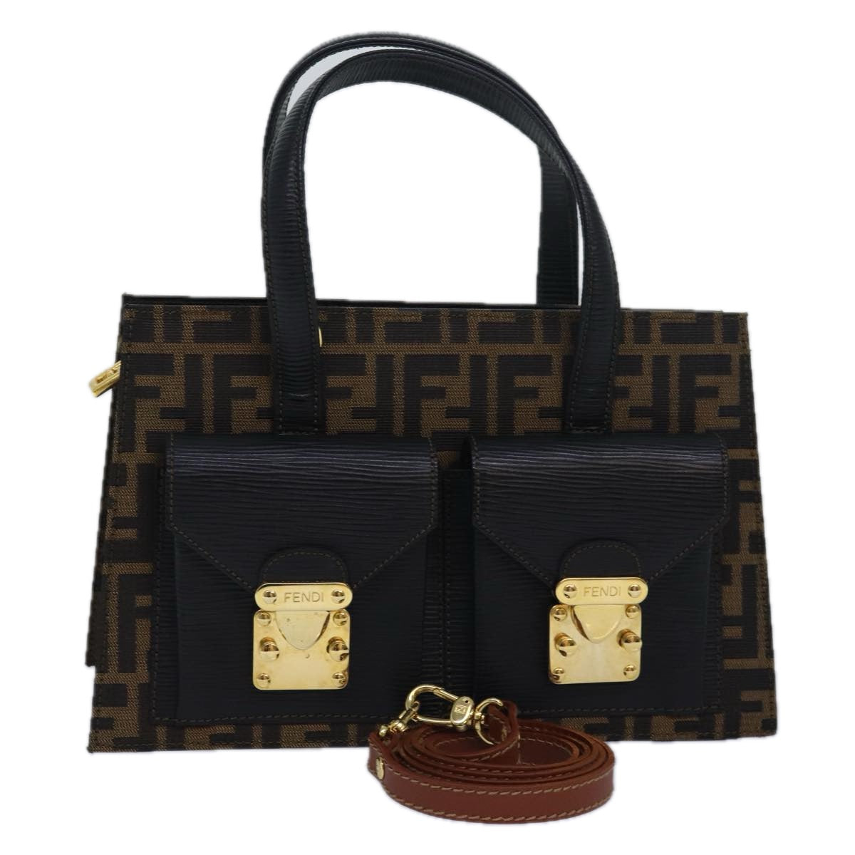 Luxury Fendi Zucca Canvas Hand Bag 2way Brown Black80963
