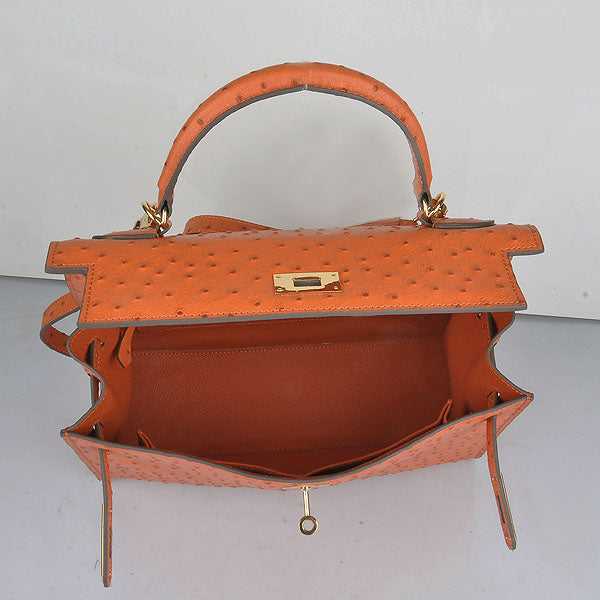 Luxury Hermes Kelly 32cm Ostrich Vein 6108 Orange Golden
