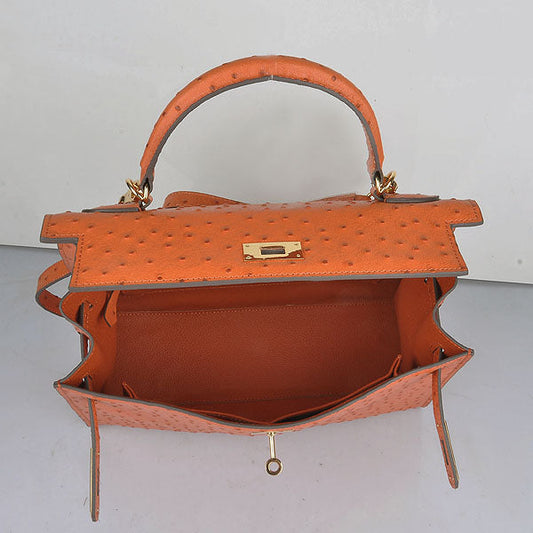Luxury Hermes Kelly 32cm Ostrich Vein 6108 Orange Golden