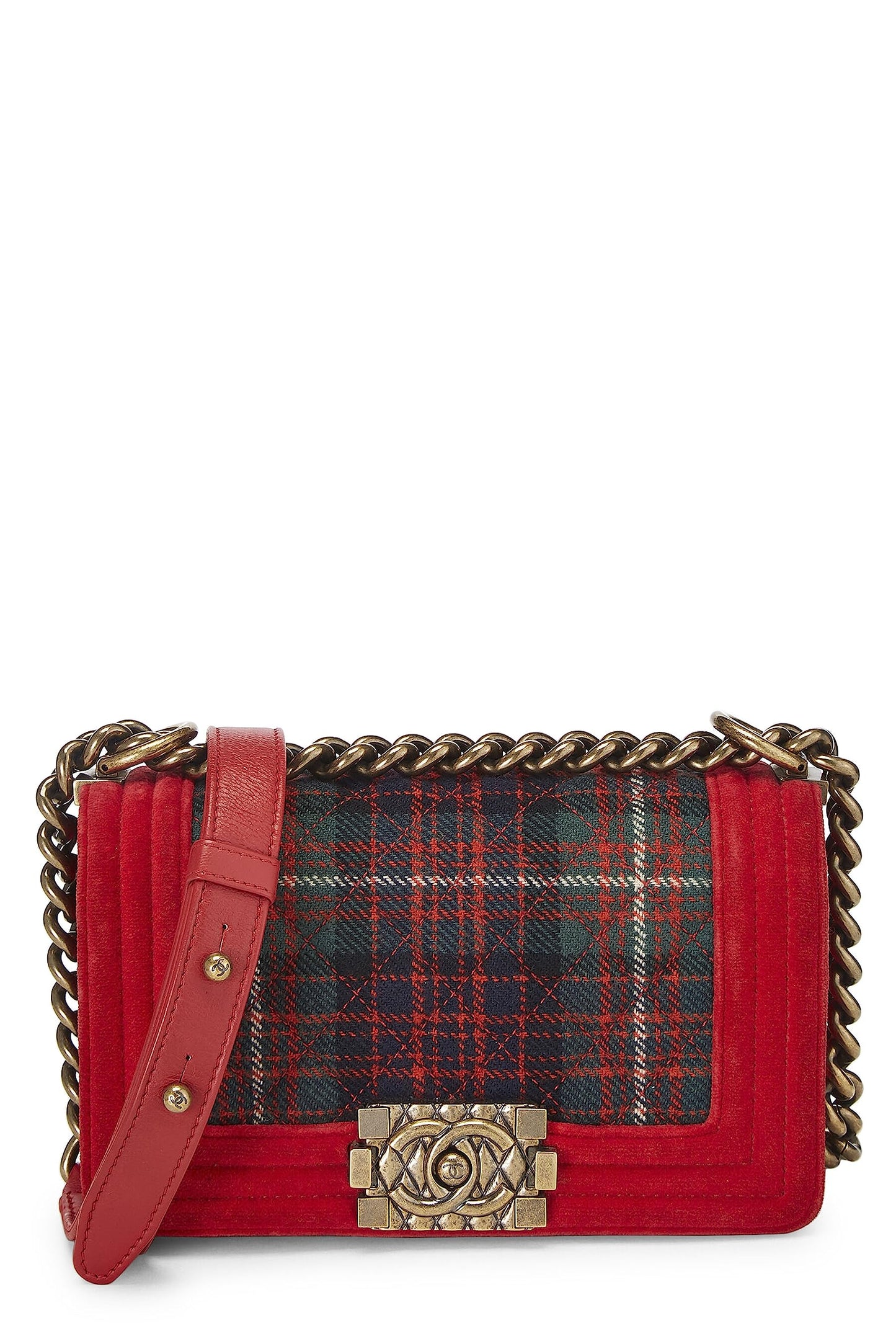 Chanel,  Paris-Edinburgh Red Tartan Velvet Boy Bag Small, Red