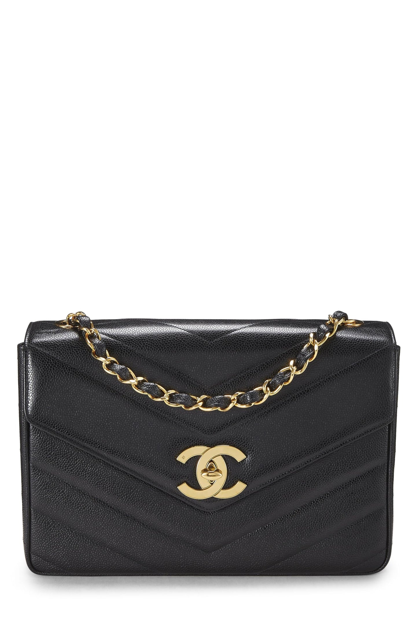Chanel,  Black Caviar Chevron Envelope Flap Jumbo, Black