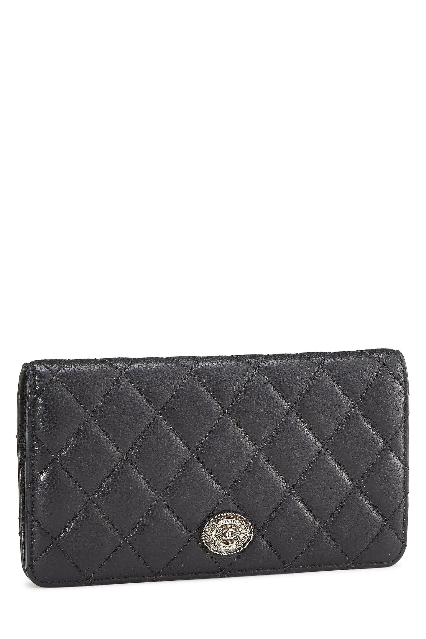 Chanel,  Black Quilted Caviar Long Flap Wallet, Black