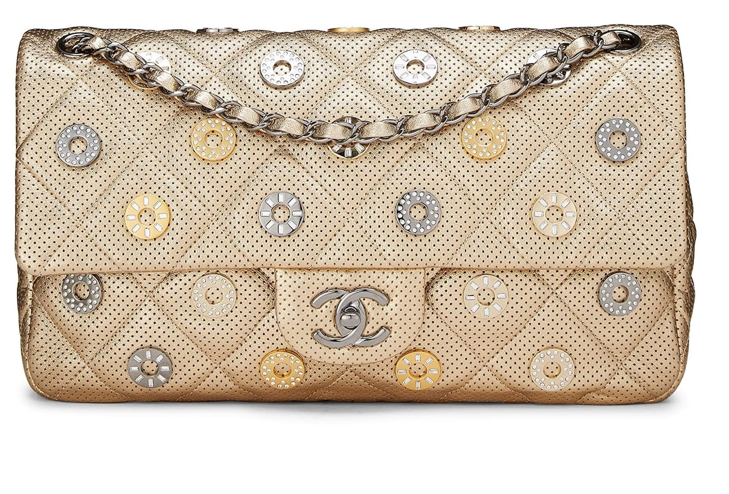 Chanel,  Paris-Dubai Gold Perforated Leather Medals Flap Jumbo, Gold