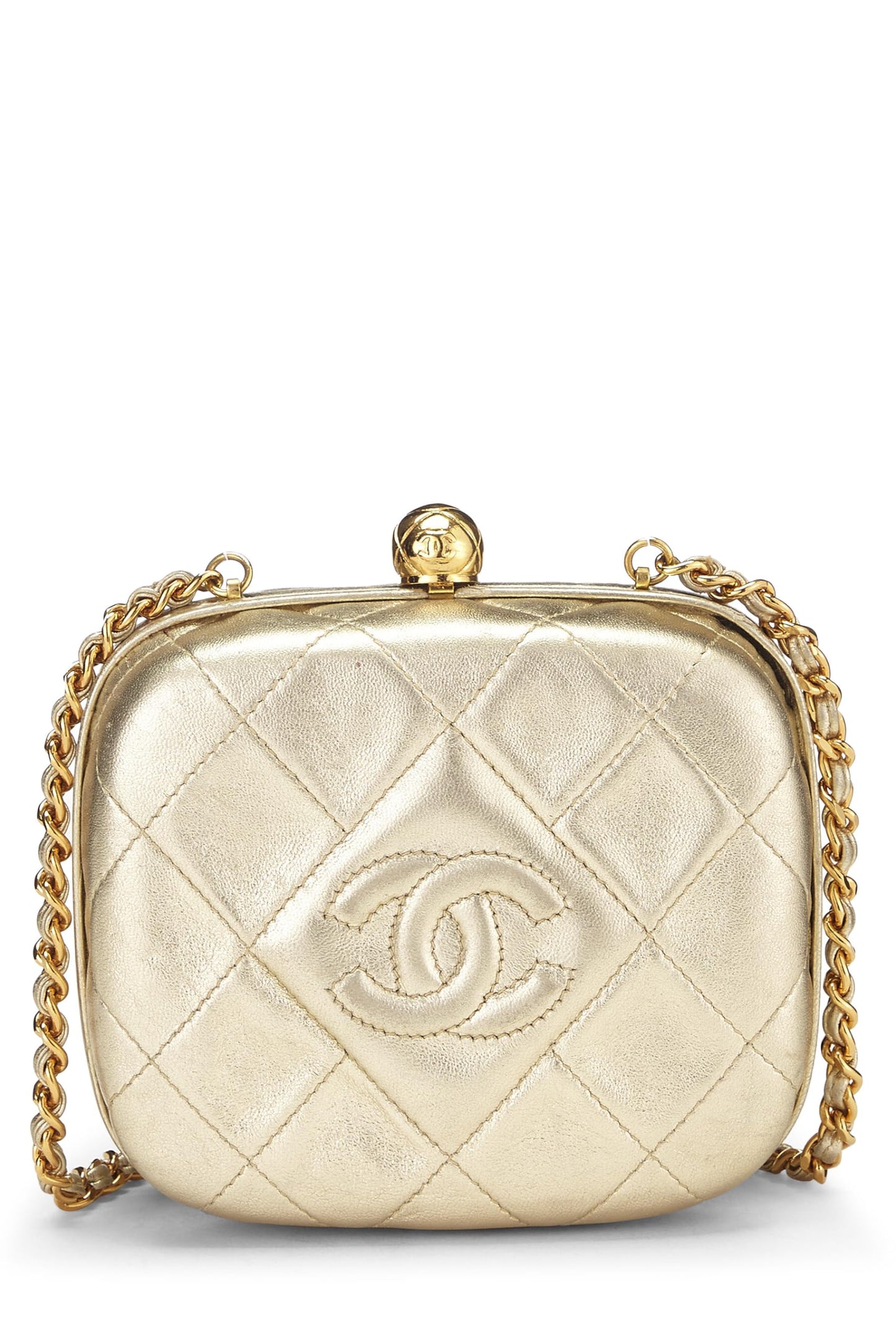 Chanel,  Metallic Gold Quilted Lambskin Kiss Lock Crossbody Bag, Gold