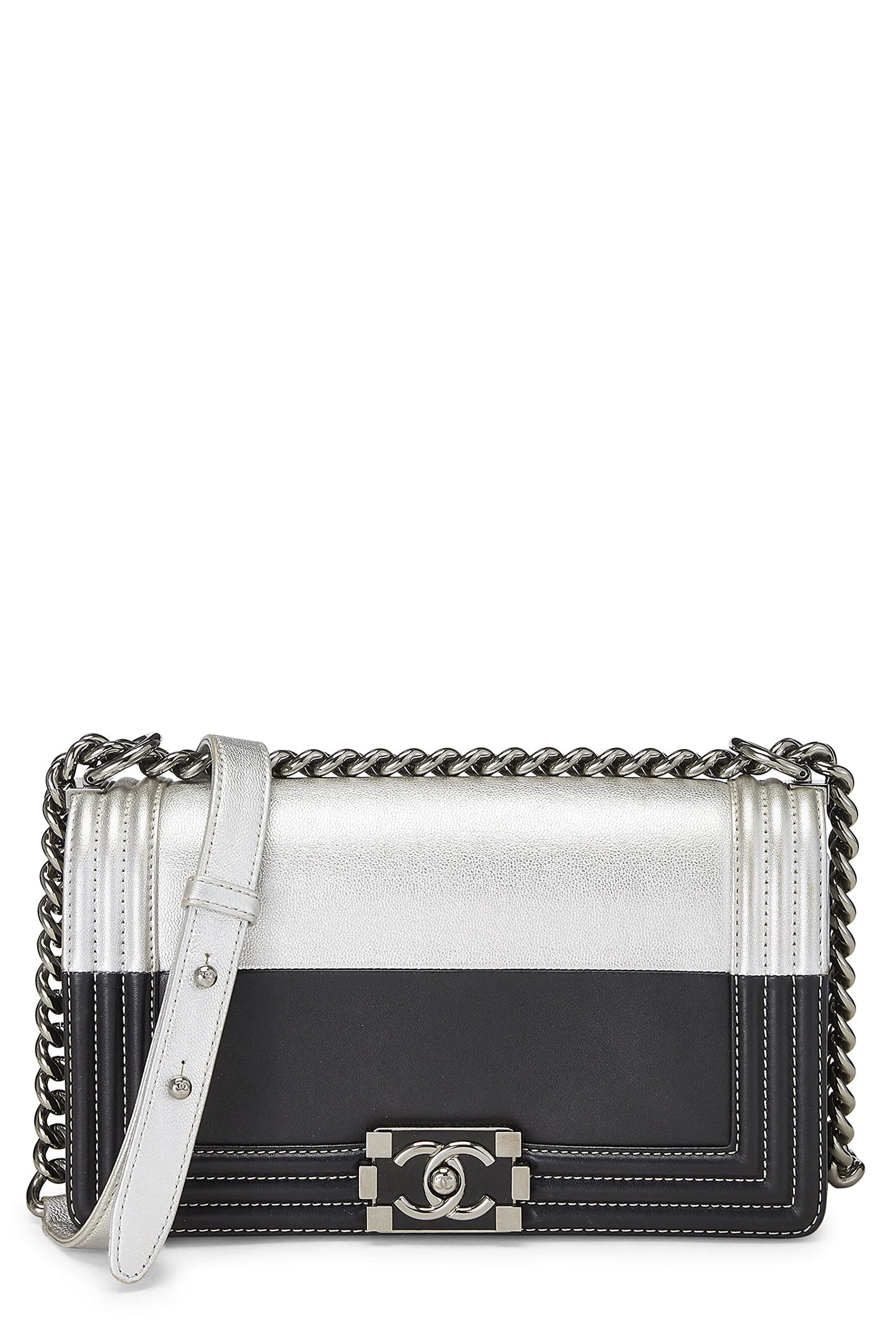 Chanel,  Black & Metallic Silver Bi-Color Calfskin Boy Bag Medium, Multi
