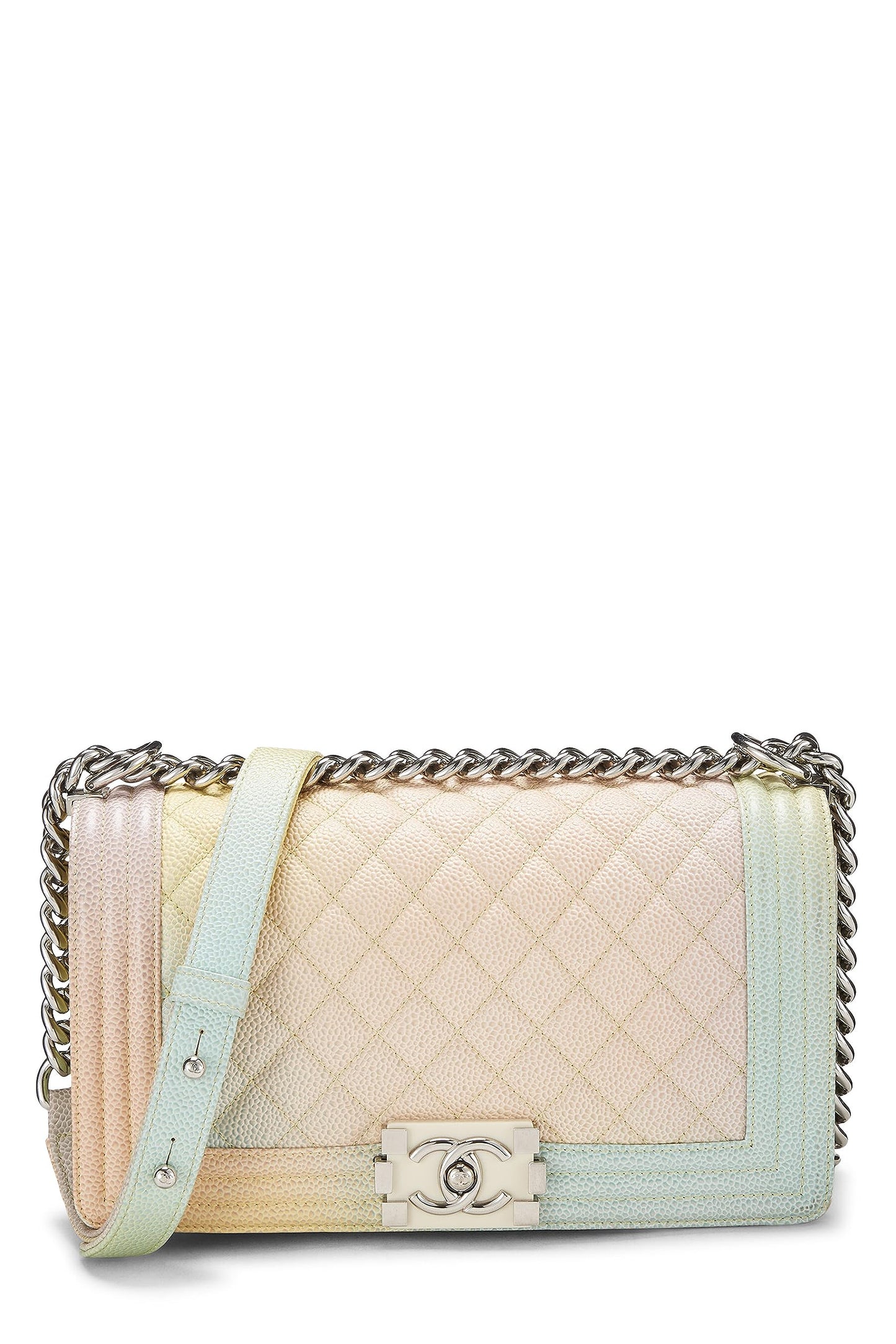 Chanel,  Rainbow Quilted Caviar Boy Bag Medium, White