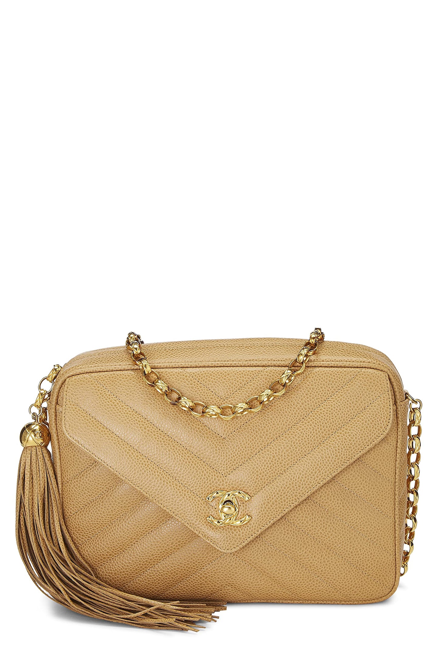 Chanel,  Beige Chevron Caviar Pocket Camera Bag Medium, Beige