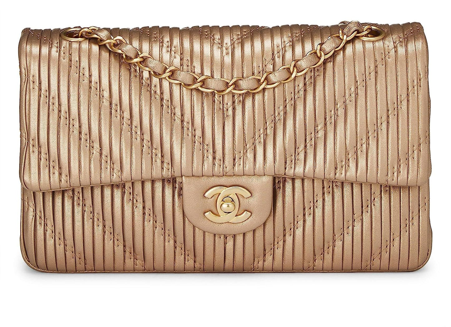 Chanel,  Gold Chevron Pleated Lambskin Classic Double Flap Medium, Gold