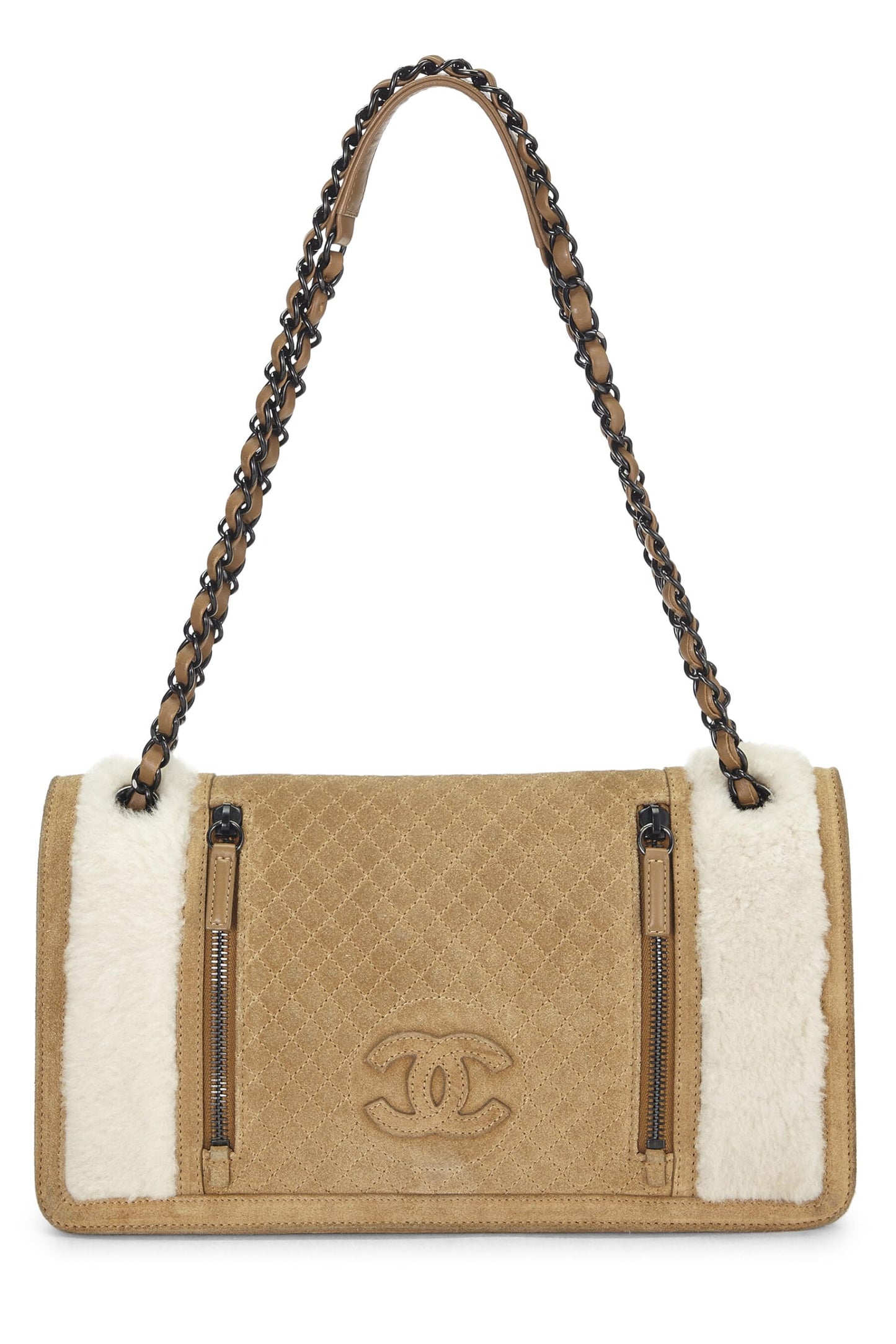 Chanel,  Brown Suede & Shearling Full Flap Bag Medium, Brown