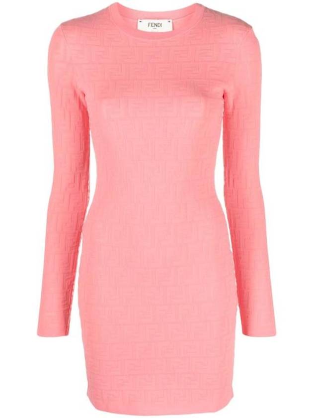 Luxury Fendi FF motif round neck knit short dress pink