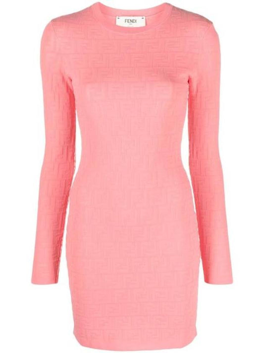 Luxury Fendi FF motif round neck knit short dress pink