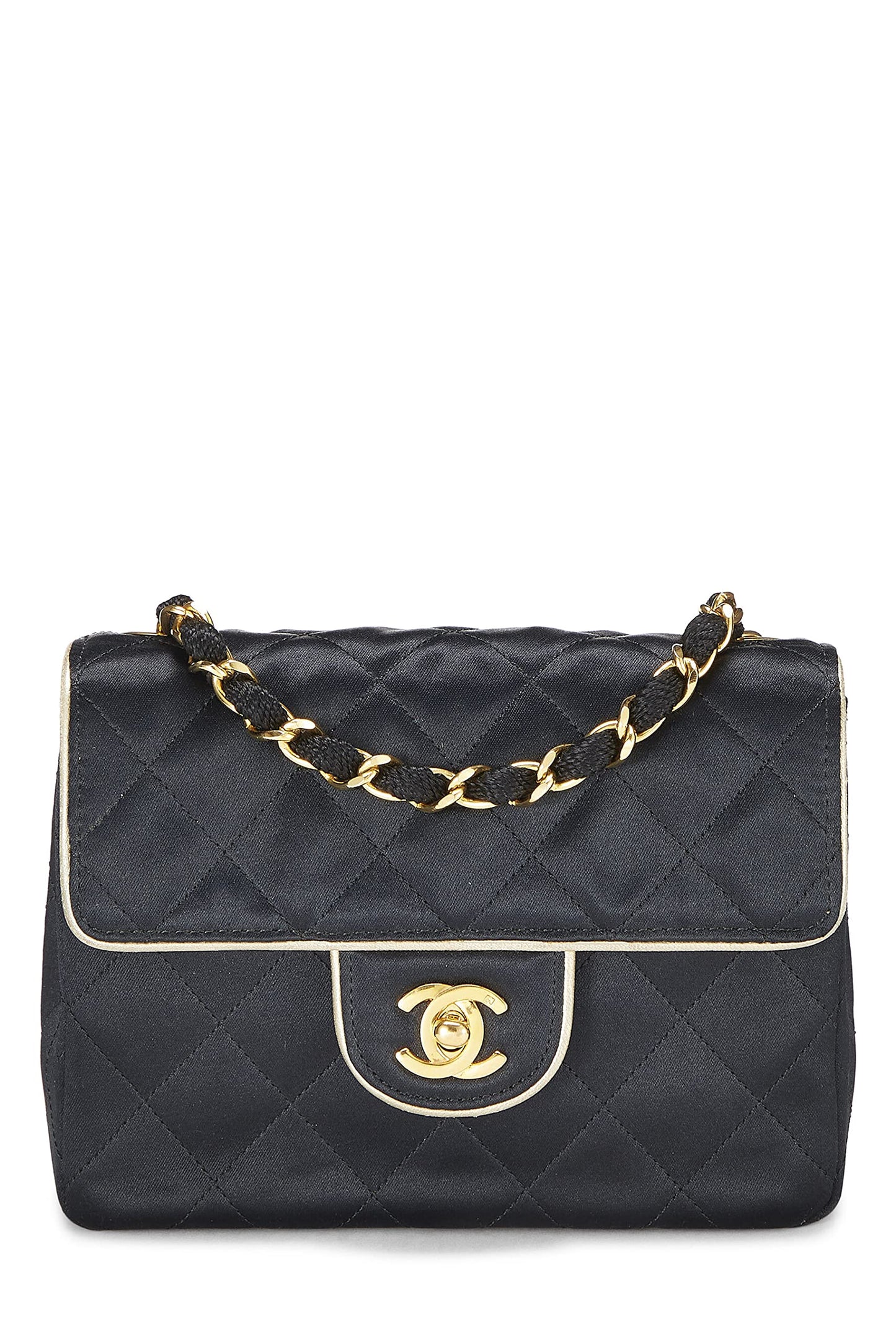Chanel,  Black Quilted Satin Piped Half Flap Mini, Black
