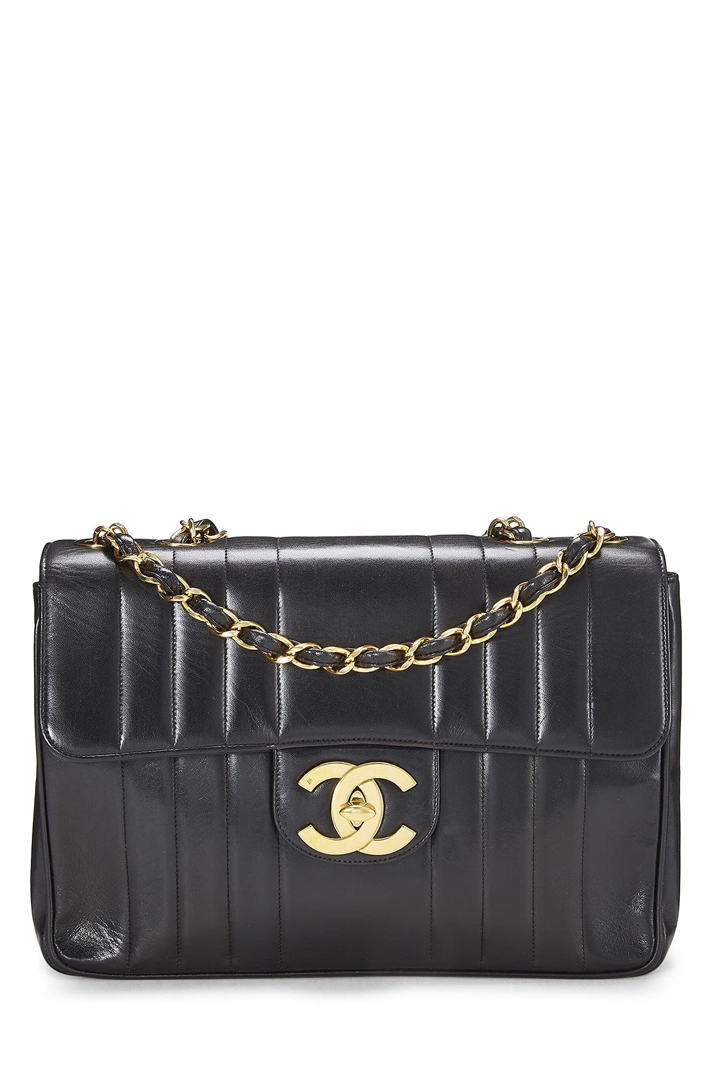 Chanel,  Black Vertical Lambskin Half Flap Jumbo, Black