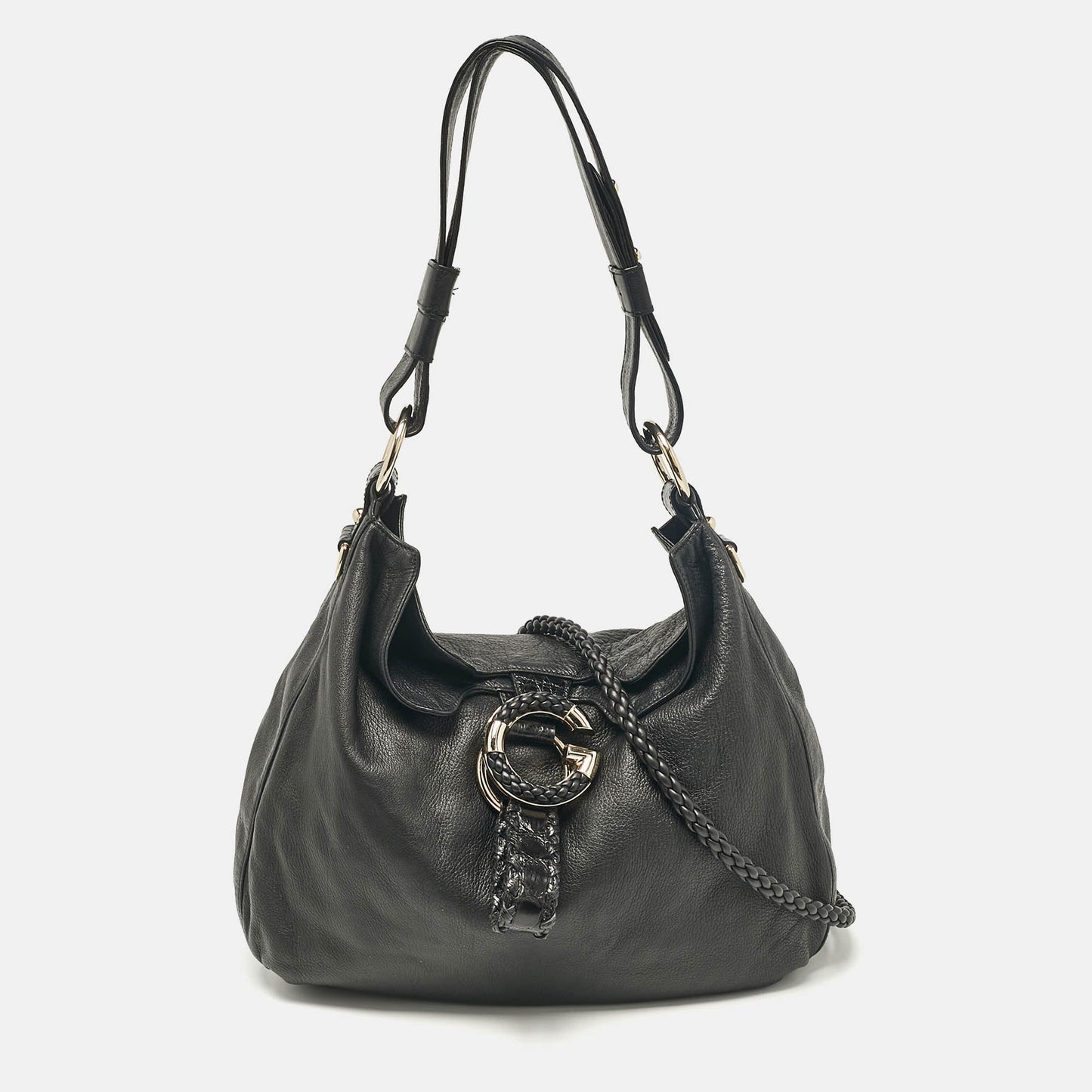 Luxury Gucci Trending 2025 Black Leather and Crocodile Medium G Wave Hobo