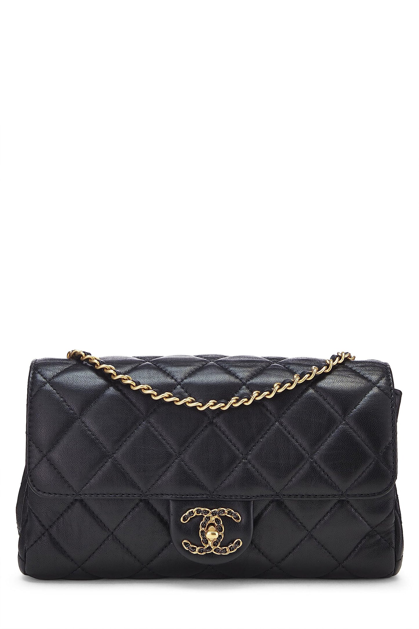 Chanel,  Black Quilted Lambskin Chain Flap Small, Black