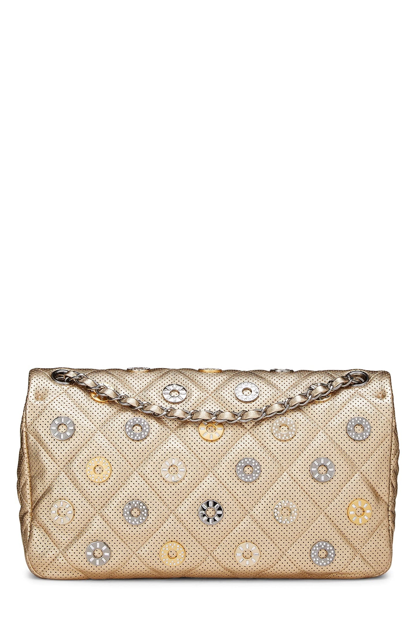 Chanel,  Paris-Dubai Gold Perforated Leather Medals Flap Jumbo, Gold