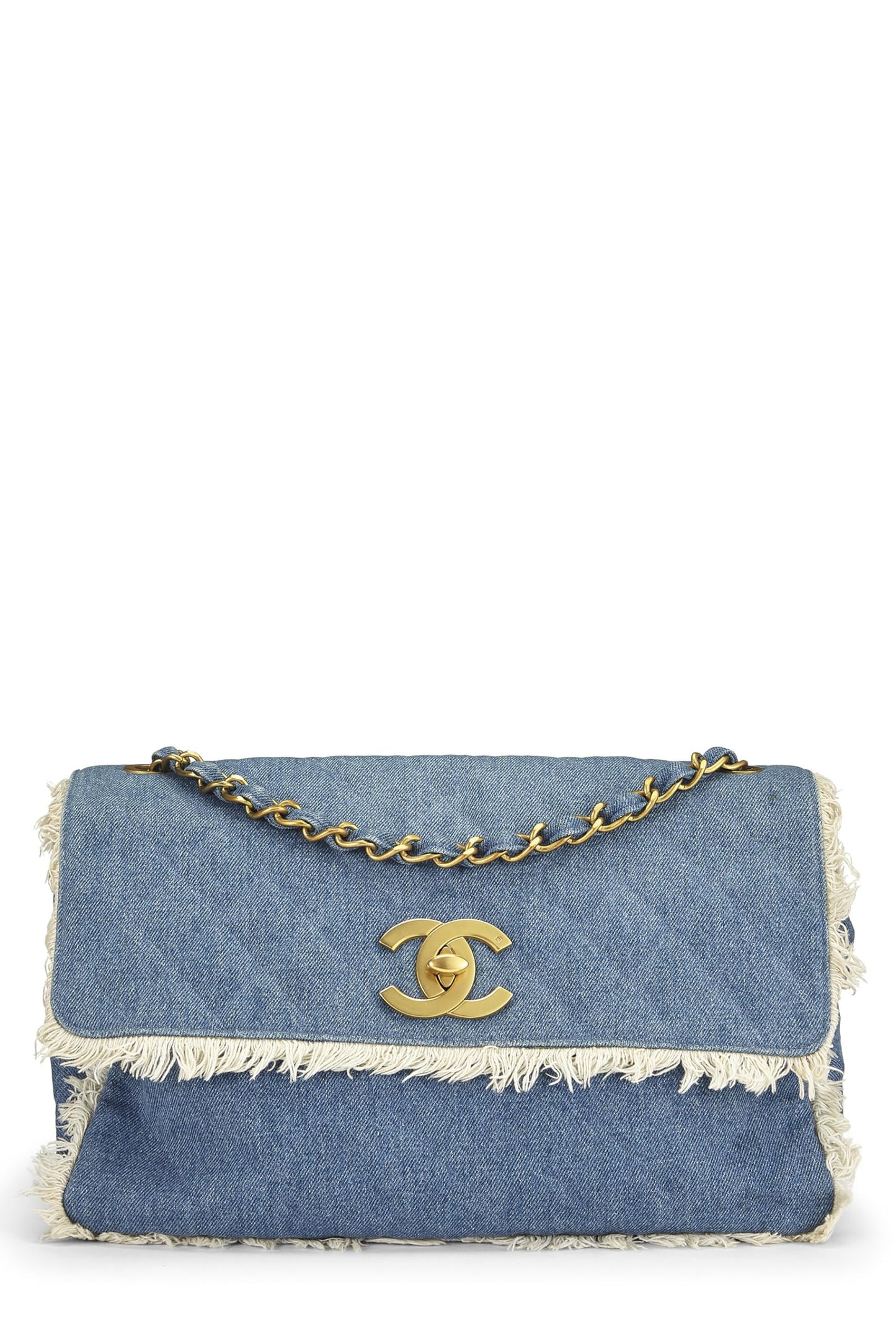 Chanel,  Blue Quilted Denim Half Flap Maxi, Blue