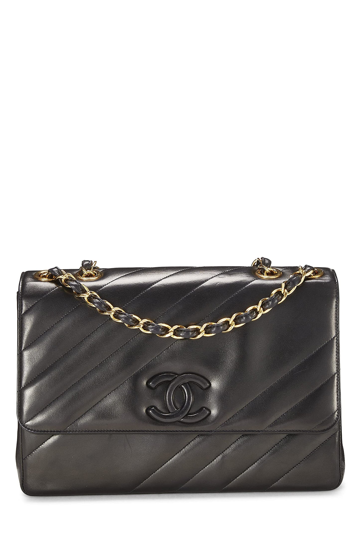 Chanel,  Black Diagonal Lambskin Flap Jumbo, Black
