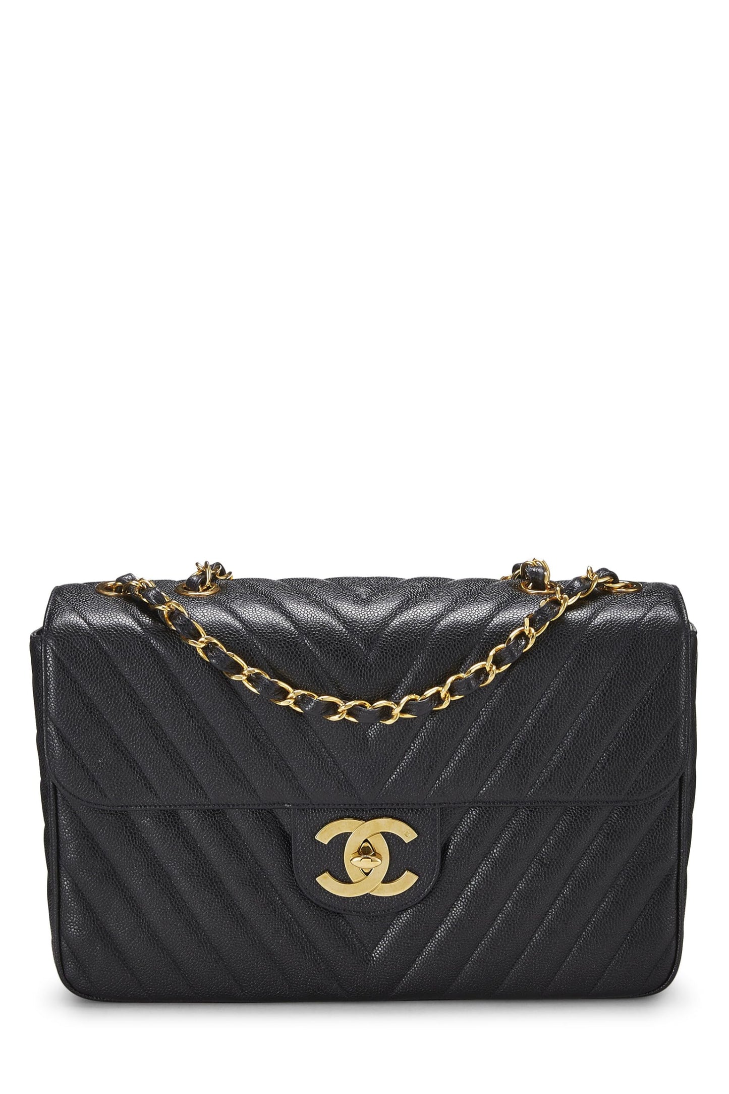 Chanel,  Black Chevron Caviar Half Flap Maxi, Black