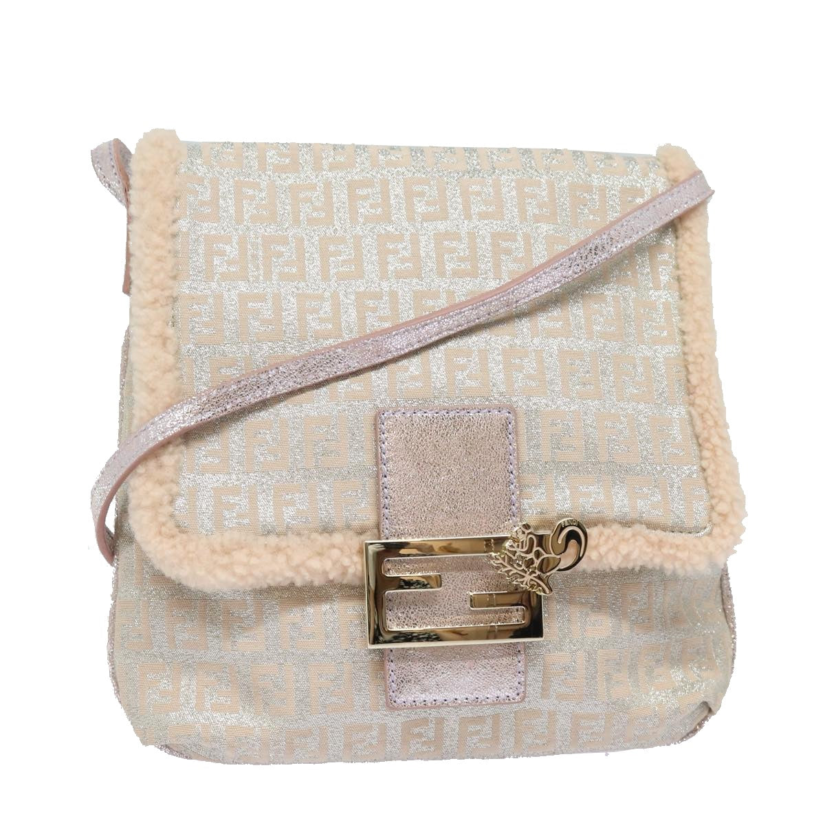 Luxury Fendi Zucchino Canvas Shoulder Bag Beige Pink Silver82744