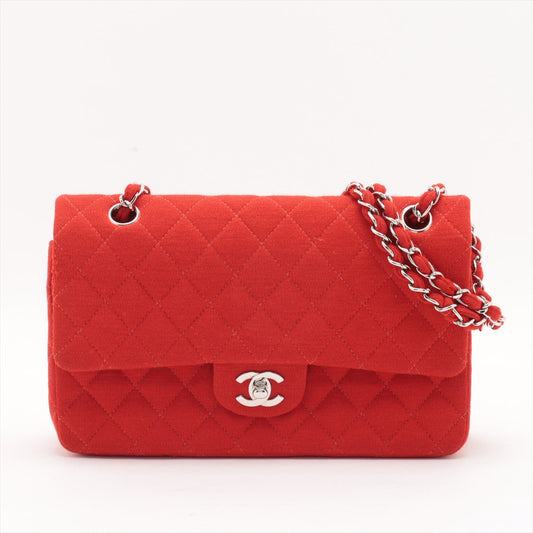 Chanel Matrasse 25 Cotton Double Flap Double Chain Bag Red Silver G  5th A01112