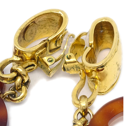 Luxury Chanel CC Dangle Earrings Gold Clip-On Brown 94P