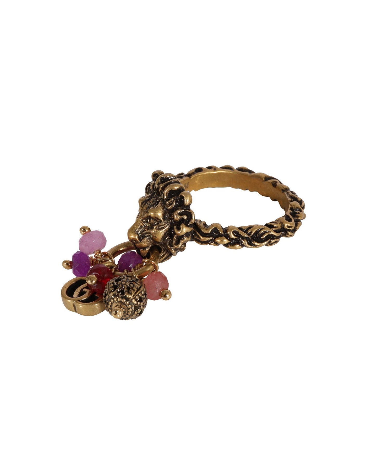 Luxury Gucci Trending 2025 Brass Tone Lion Head & Beaded Charm Ring with Marmot GG