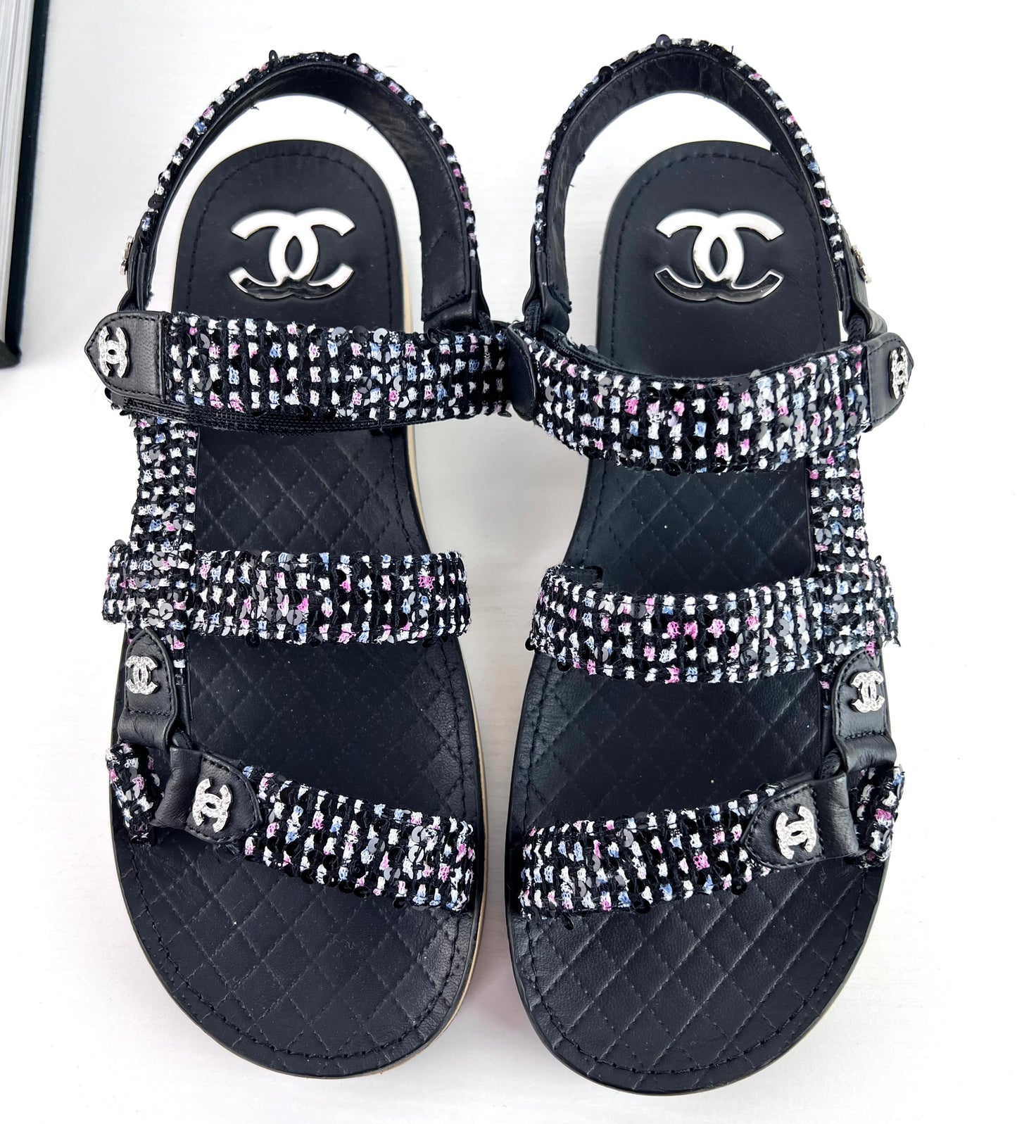Chanel Tweed Lambskin Crystal CC Sandals Black Multicolor