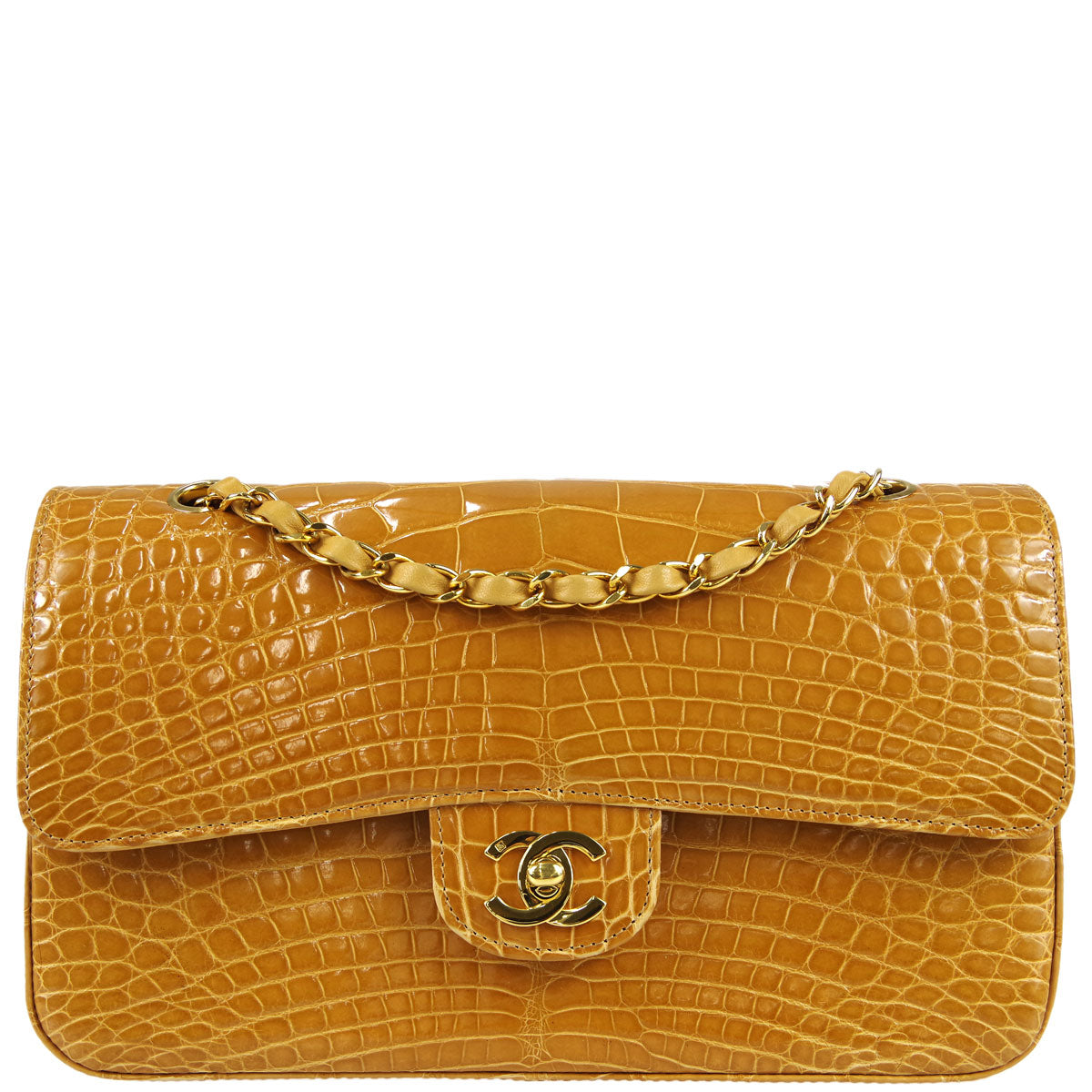 Luxury Chanel * 2003-2004 Classic Double Flap Medium Shoulder Bag Brown Crocodile
