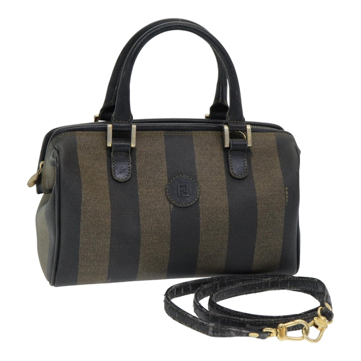 Luxury Fendi Pecan Canvas Hand Bag 2way Brown Black83671