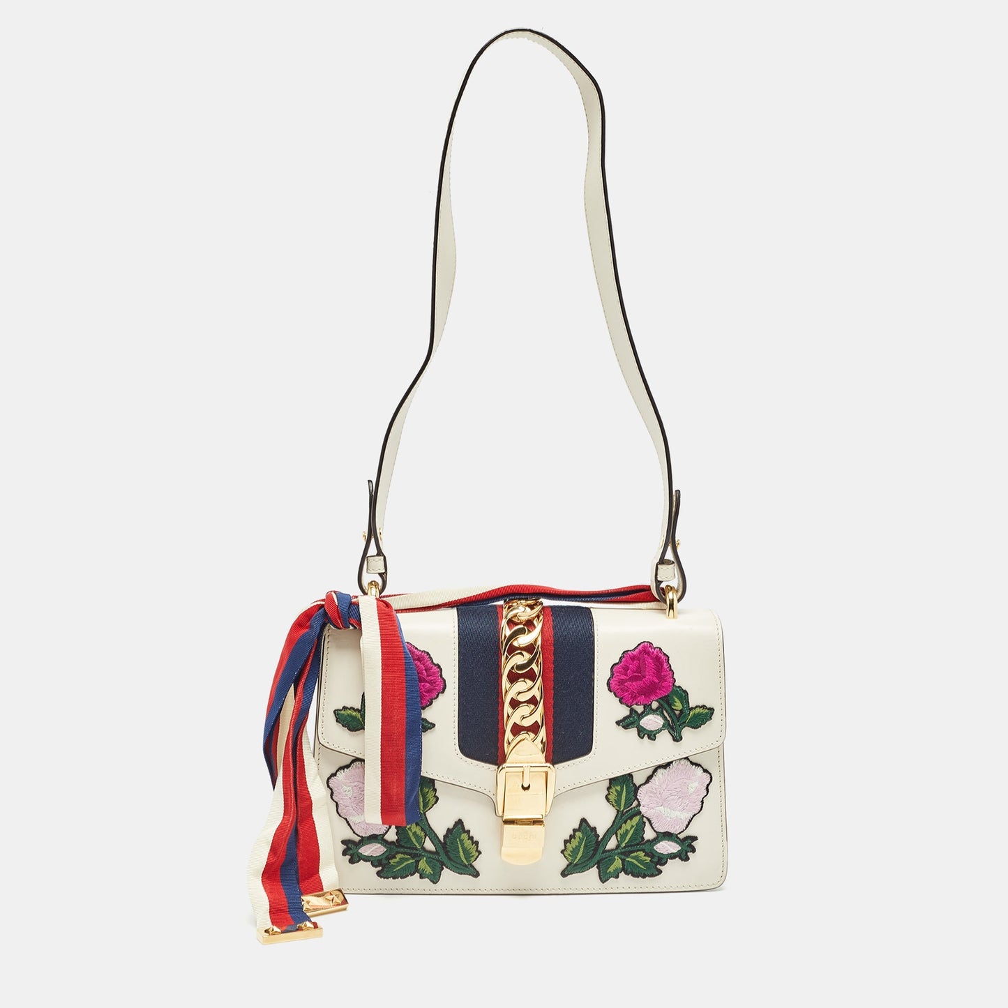 Luxury Gucci Trending 2025 Off White Leather Small Web Embroidered Sylvie Shoulder Bag