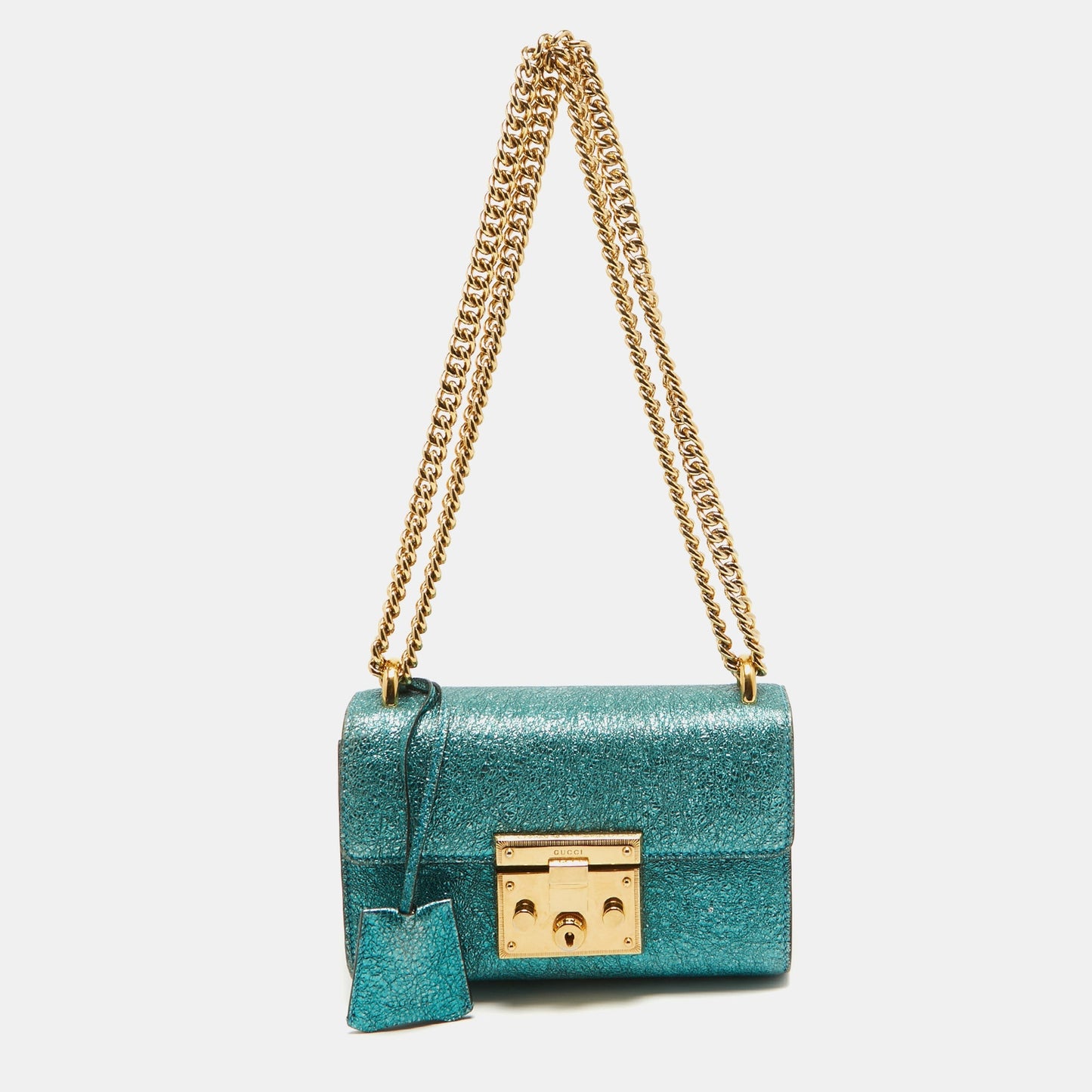 Luxury Gucci Trending 2025 Metallic Teal Crinkled Leather Small Padlock Shoulder Bag