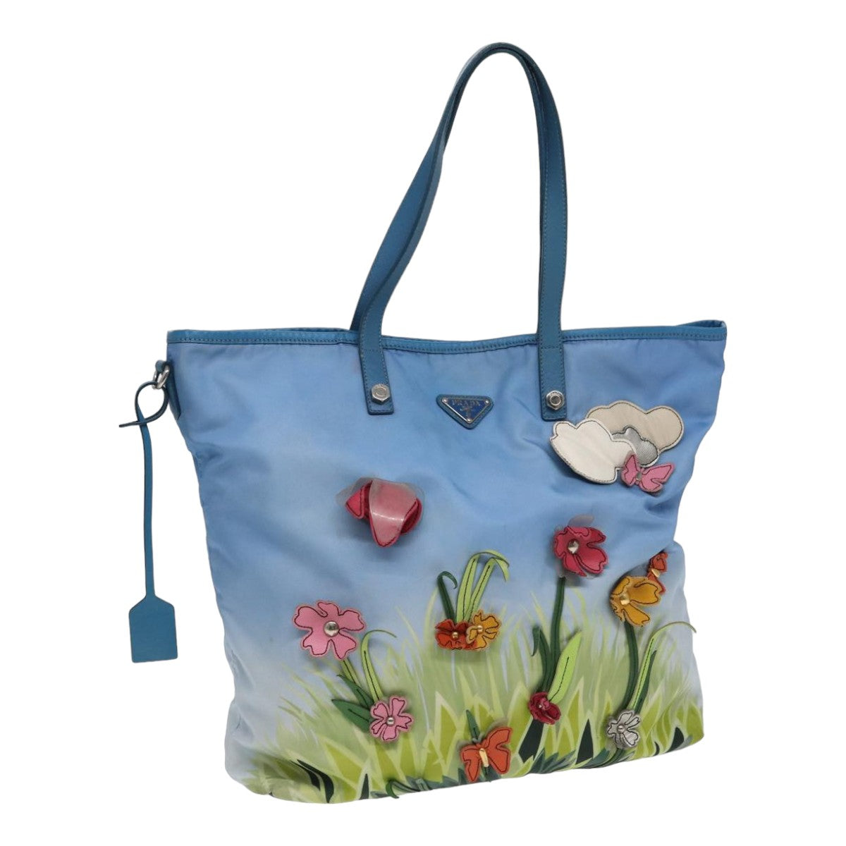 Luxury Prada Floral Tote Bag Nylon Blue Green  84450