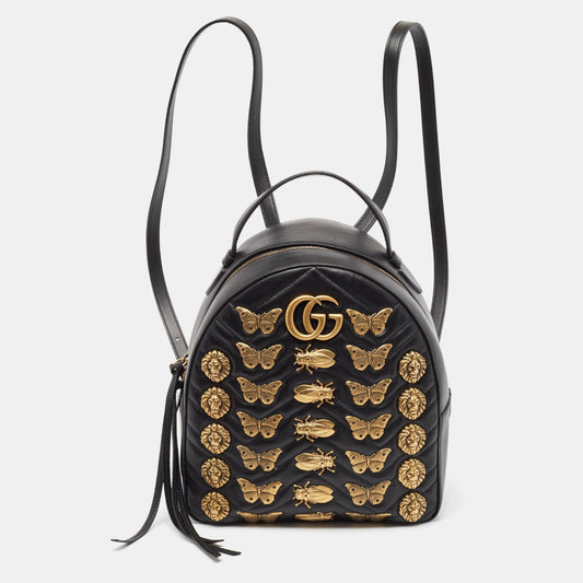 Luxury Gucci Trending 2025 Black Matelass&eacute; Leather Animal Stud GG Marmont Dome Backpack