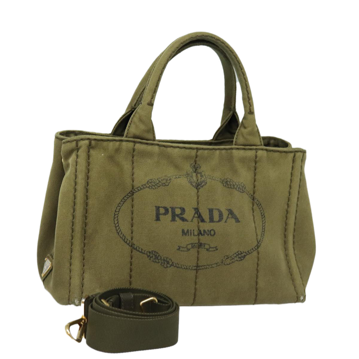 Luxury Prada Canapa PM Hand Bag Canvas 2way Khaki Gold  84641