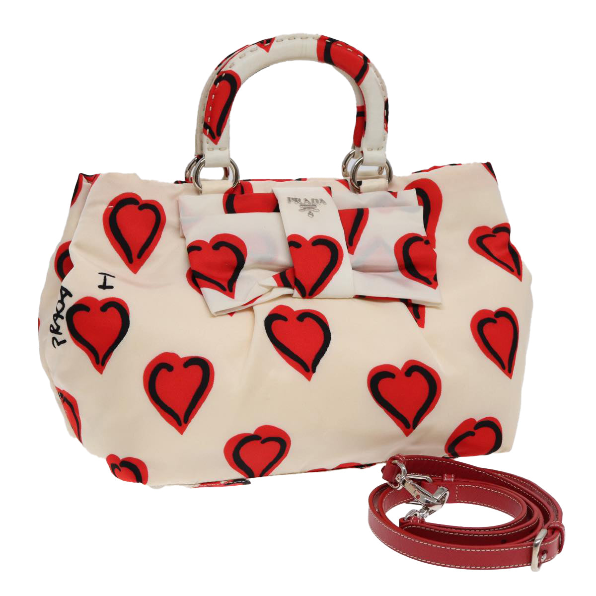 Luxury Prada Hand Bag Nylon 2way White Red  84945