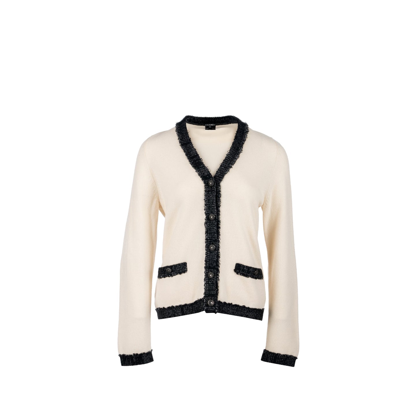 Chanel Size 40 CC Logo Button Cardigan Cashmere White/Black