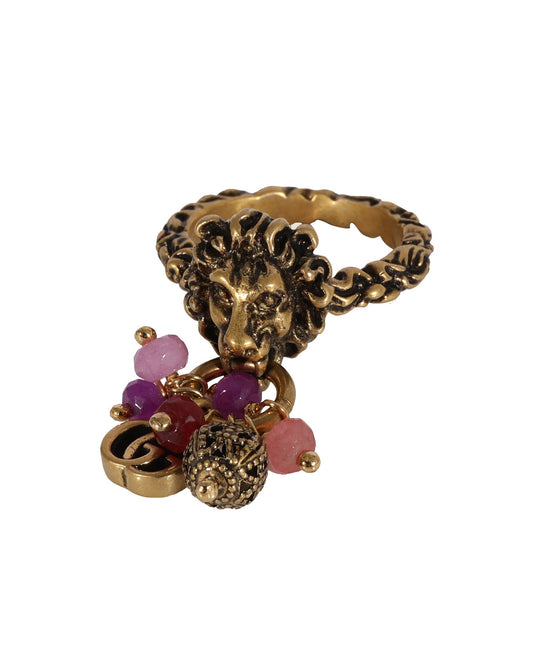Luxury Gucci Trending 2025 Brass Tone Lion Head & Beaded Charm Ring with Marmot GG