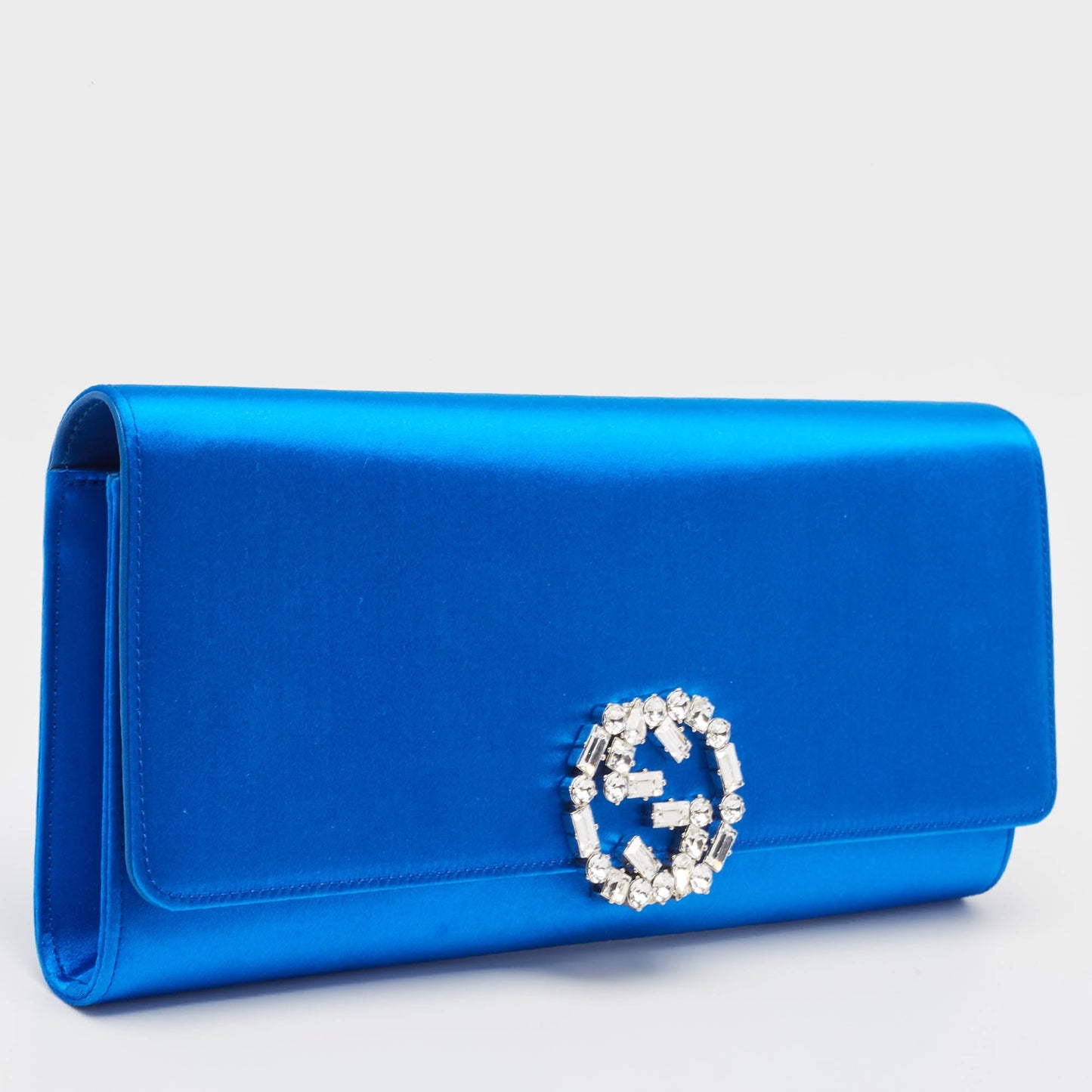 Luxury Gucci Trending 2025 Royal Blue Satin Gg Crystals Broadway Clutch..