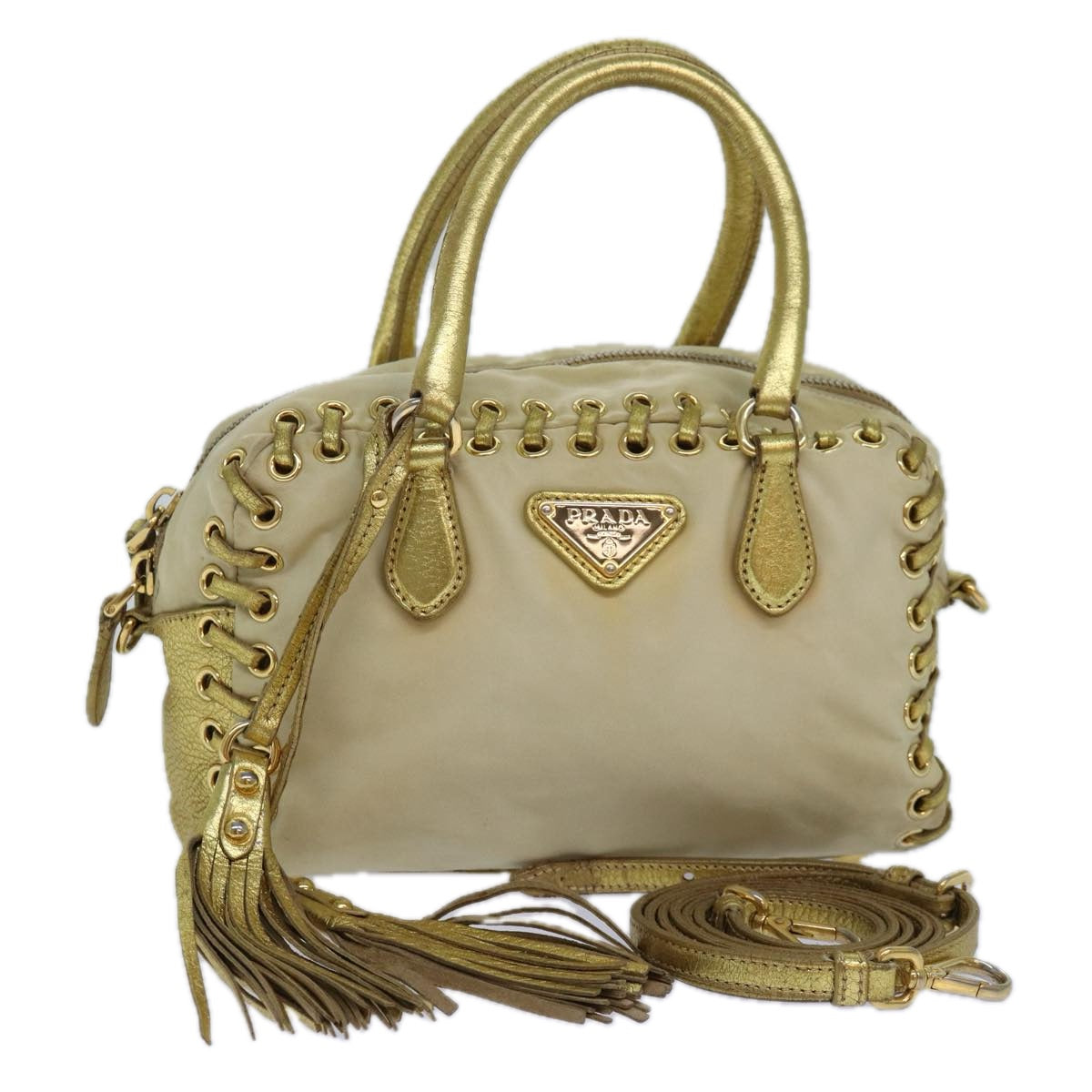 Luxury Prada Hand Bag Nylon 2way Beige Gold  85102