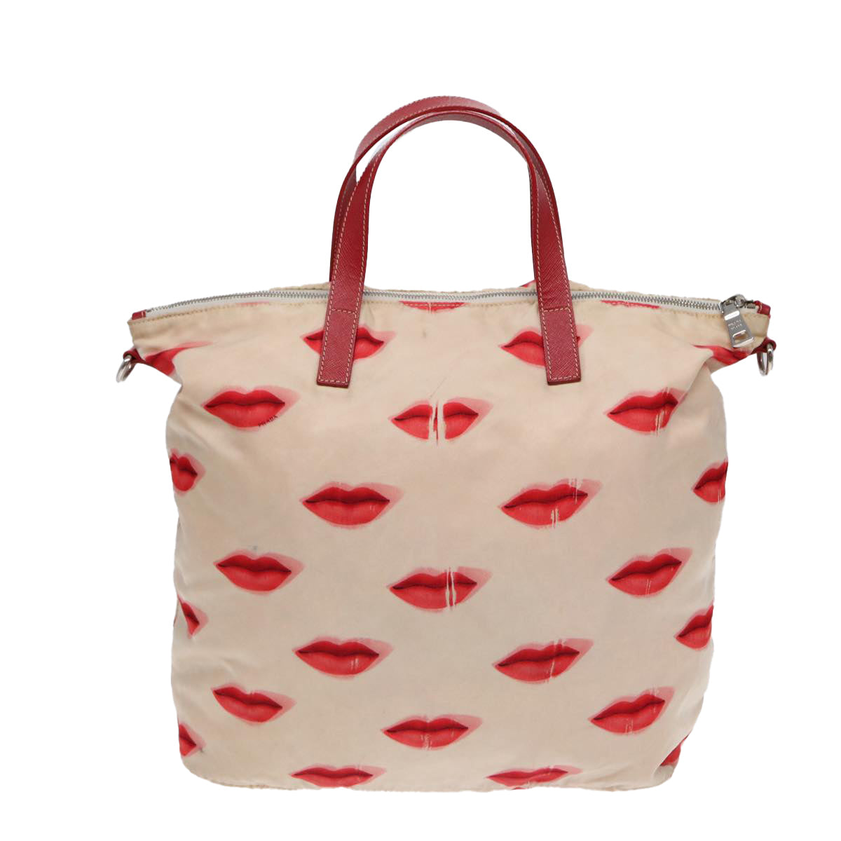 Luxury Prada Hand Bag Nylon 2way Beige Red Silver  85160