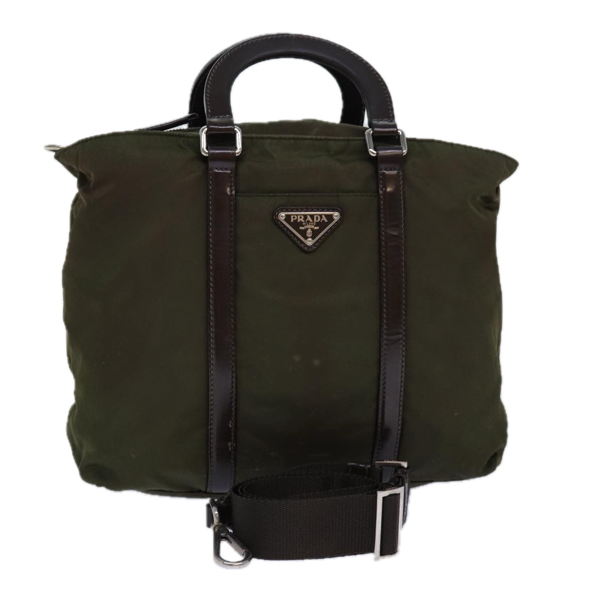 Luxury Prada Hand Bag Nylon 2way Khaki Silver  85292