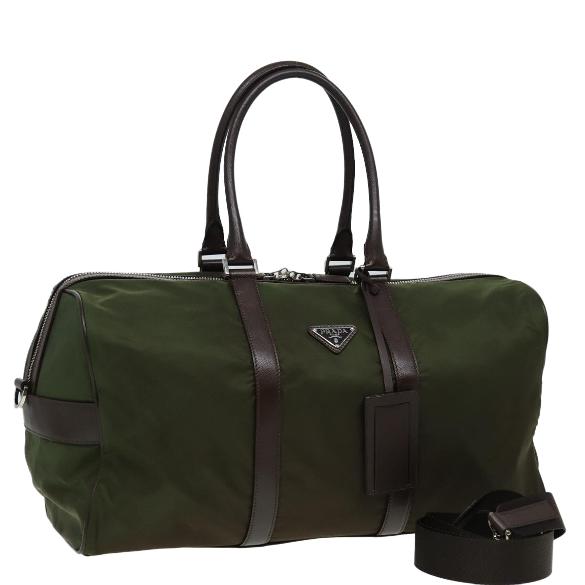 Luxury Prada Boston Bag Nylon Khaki Silver  85295