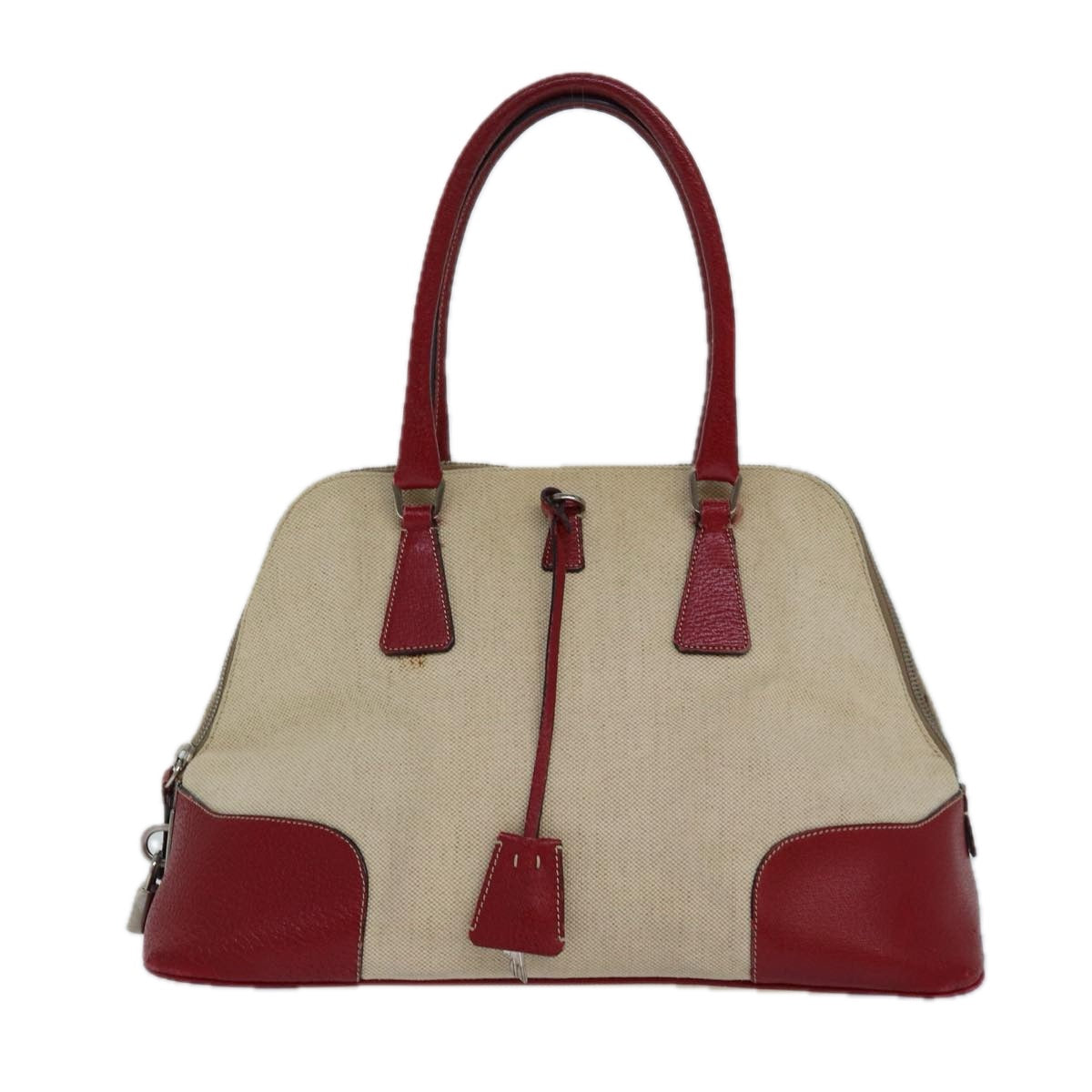 Luxury Prada Hand Bag Canvas Leather Red Beige Silver  85435