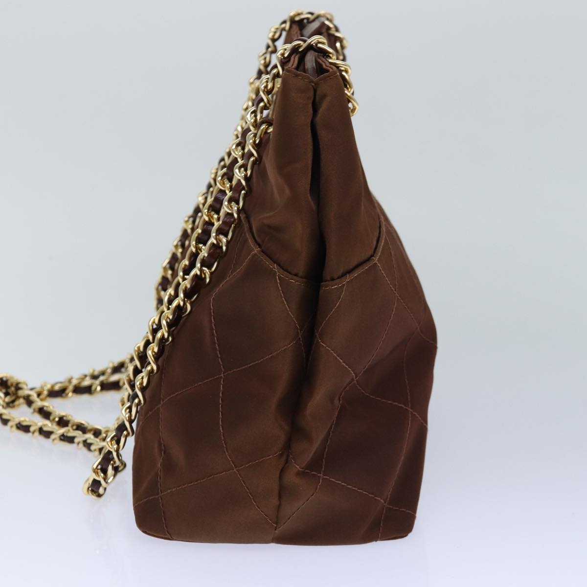 Luxury Prada Chain Shoulder Bag Nylon Brown Gold  85466