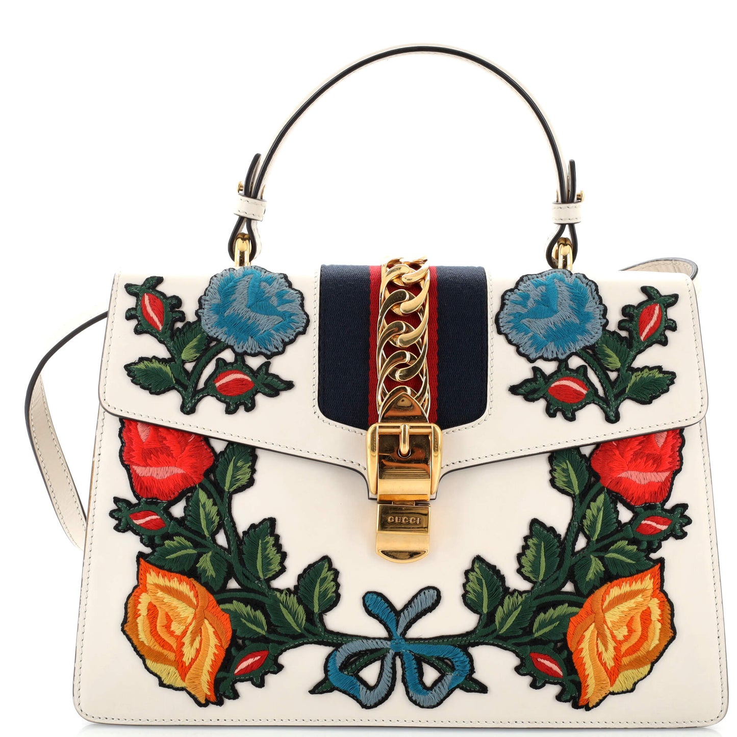 Luxury Gucci Trending 2025 Sylvie Top Handle Bag Embroidered Leather Medium
