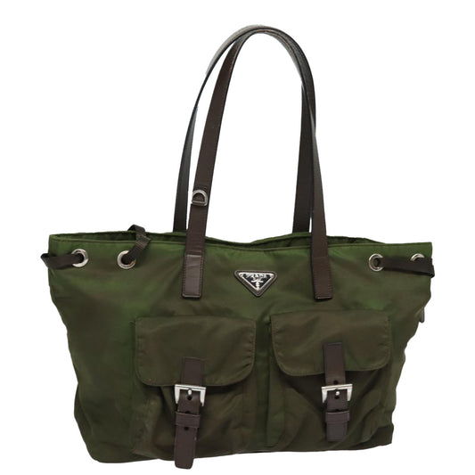 Luxury Prada Tote Bag Nylon Khaki Brown Silver  85713