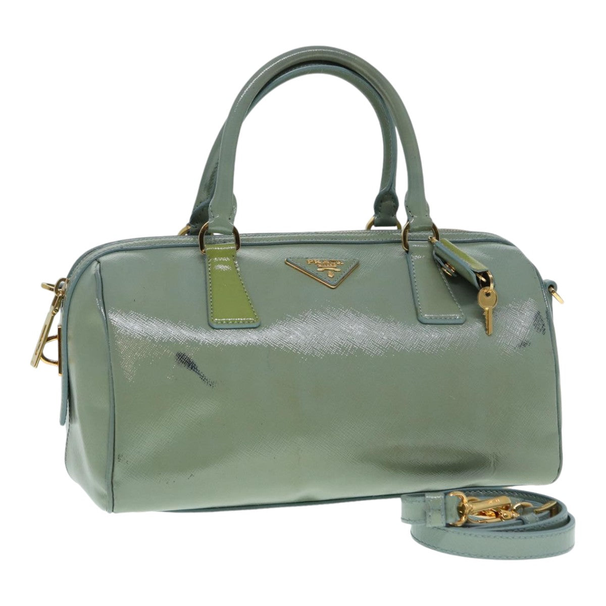Luxury Prada Hand Bag Enamel 2way Green Gold  86018