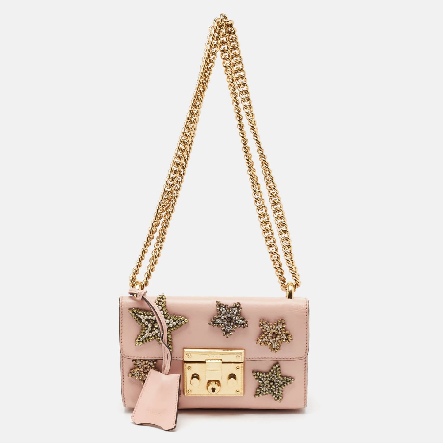 Luxury Gucci Trending 2025 Pink Leather Small Star Beads Padlock Shoulder Bag